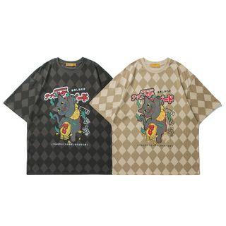Short-sleeve Plaid Cartoon Print T-shirt