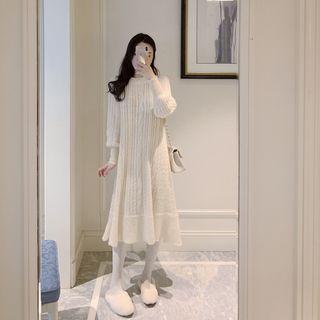 Crew-neck Long-sleeve Cable Knit Dress Almond - One Size