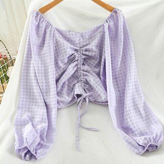 Puff-sleeve Plaid Crinkled Blouse