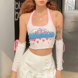 Set: Halter-neck Heart Print Crop Top + Arm Sleeves