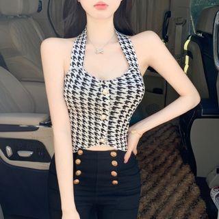 Halter Houndstooth Knit Crop Tank Top Houndstooth - Black & White - One Size