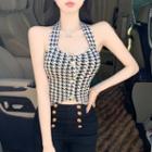 Halter Houndstooth Knit Crop Tank Top Houndstooth - Black & White - One Size