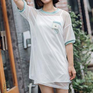 Set: Embroidered Short-sleeve Sheer Dress + Slipdress