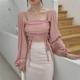 Lantern-sleeve Ruched Front Cropped Top