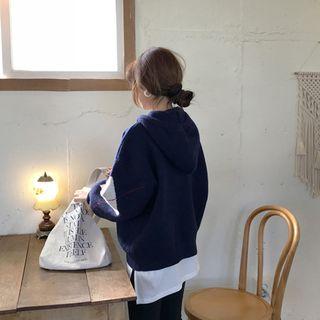Kangaroo-pocket Argyle Zip-up Knit Hoodie Navy Blue - One Size