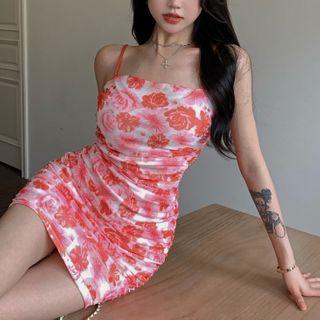 Floral Print Slim-fit Sleeveless Dress Red - One Size