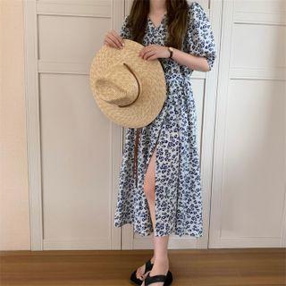 Elbow-sleeve Floral Print Midi A-line Dress Blue Flowers - White - One Size