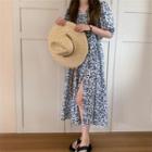 Elbow-sleeve Floral Print Midi A-line Dress Blue Flowers - White - One Size