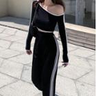 Contrast Trim One-shoulder Cropped T-shirt / Slit Wide-leg Pants