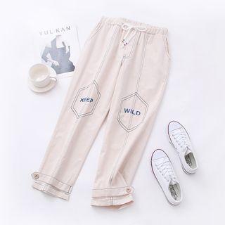 Contrast Stitching Letter Embroidered Straight-cut Cropped Pants