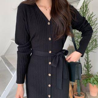 V-neck Ribbed Long Knit Dress With Sash Black - One Size