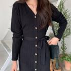 V-neck Ribbed Long Knit Dress With Sash Black - One Size