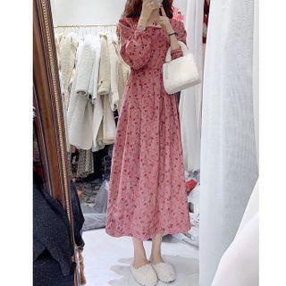 Floral Print Balloon-sleeve Midi A-line Corduroy Dress