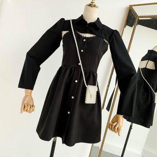Set: Long-sleeve Crop Top + Strappy A-line Dress Black - One Size