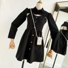 Set: Long-sleeve Crop Top + Strappy A-line Dress Black - One Size