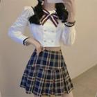 Cropped Blouse With Bowtie / Plaid Pleated Mini A-line Skirt / Set
