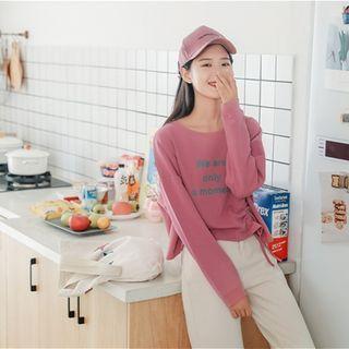 Printed Letter Pleated Long-sleeve Top Light Purple Sweatshirt - One Size