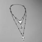 Cross & Embossed Disc Pendant Layered Necklace Silver - One Size