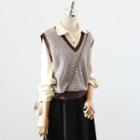 Plain Shirt / Striped Sweater Vest / Midi A-line Skirt