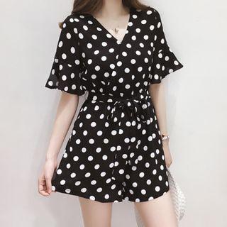 Elbow-sleeve Dotted Wide-leg Playsuit