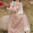 Long-sleeve Check Ruffled Midi A-line Dress