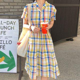 Plaid Short-sleeve A-line Shirtdress Plaid - Yellow & Blue - One Size