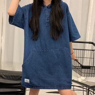 Elbow-sleeve Hooded Henley Denim Shirt