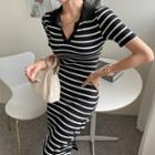 Collared Stripe Knit Dress Black - One Size