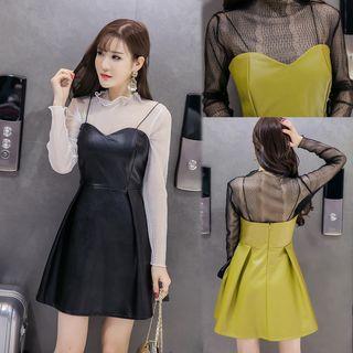 Set: Mesh Long-sleeve Top + Plain Spaghetti Strap Mini A-line Dress
