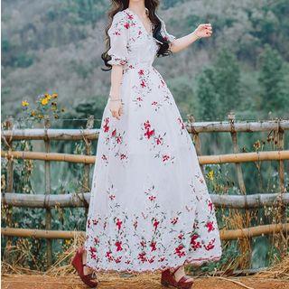 Flower Embroidered Elbow-sleeve Maxi A-line Dress