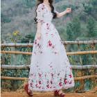 Flower Embroidered Elbow-sleeve Maxi A-line Dress