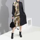 Printed Panel Long-sleeve Shirtdress As Shown In Figure - One Size