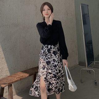 Long-sleeve Blouse / Leopard Print Midi A-line Skirt