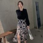 Long-sleeve Blouse / Leopard Print Midi A-line Skirt