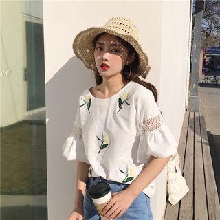 Floral Embroidered Elbow-sleeve Top