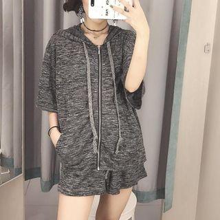 Set: Short-sleeve Hooded Jacket + Wide Leg Shorts