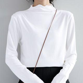 Ruffle-edge Mock-neck Plain T-shirt