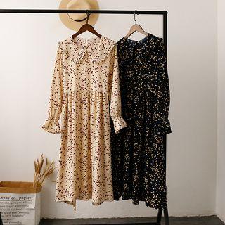 Heart Printed Long-sleeve Midi Chiffon Dress