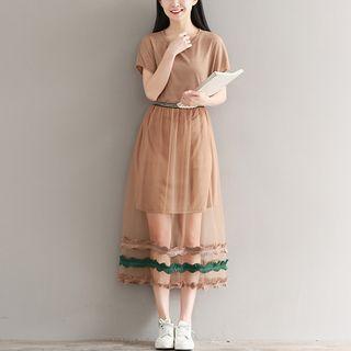 Set: Plain Short Sleeve T-shirt Dress + Striped Midi Mesh Skirt