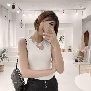 Beaded Keyhole Knit Top Ivory - One Size