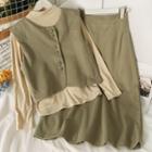 Set: Button-up Loose Vest + Mock-neck Top + Midi Skirt