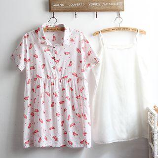 Set: Watermelon Print Short Sleeve Shirtdress + Slipdress
