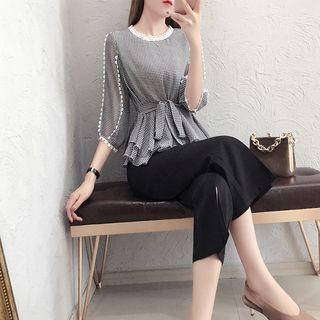 Set: 3/4-sleeve Plaid Blouse + Crop Boot Cut Pants