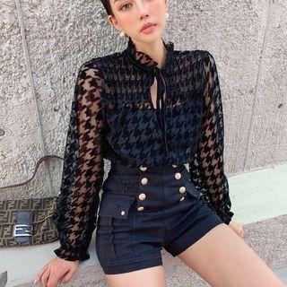 Long-sleeve Houndstooth Mesh Shirt