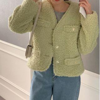 Fleece Button-up Jacket Light Green - One Size