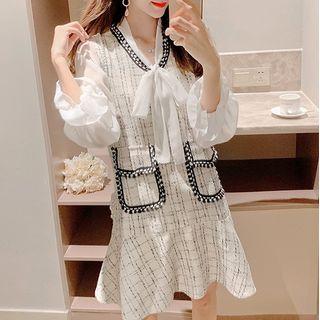 Set: Tie-waist Blouse + Plaid Jumper Dress