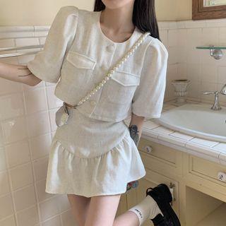 Short-sleeve Plain Top / High-waist Plain Skirt