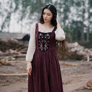 Mock Two-piece Flower Embroidered Long-sleeve Midi A-line Dress