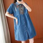 Short-sleeve Floral Embroidered Denim Shirtdress