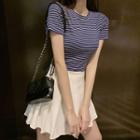 Short-sleeve Striped Open Back Drawstring T-shirt